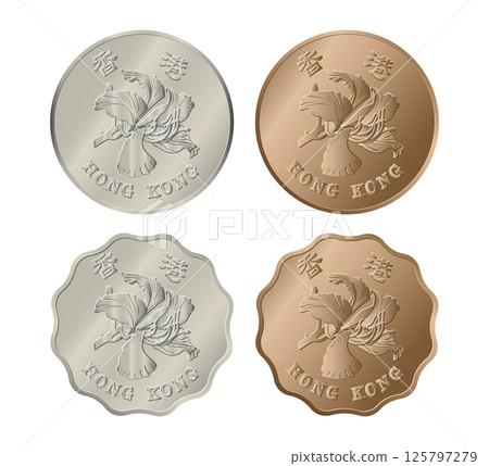 Set of coins Hong Kong 2 dollars, 5 dollars, 50 cents, 20 cents, 10 cents. Obverse coins. Vector illustration. 125797279