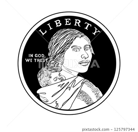 Sacagawea dollar, golden dollar coin, Sacagawea and her child on obverse american money. The coin is depicted in black and white. Vector illustration. Sacagawea dollar, golden dollar coin, Sacagawea and her child on obverse american money. The coin is depicted in black and white. Vector illustration. 125797344