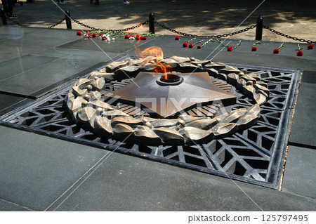 Eternal flame memorial with bronze laurel wreath symbolizing honor, sacrifice and remembrance. Victory Day Eternal flame memorial with bronze laurel wreath symbolizing honor, sacrifice and remembrance. Victory Day 125797495