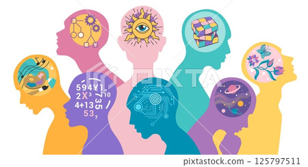 Different mind. Autism brain. Human silhouette head with puzzle. People mindset poster. Psychology perception. Creative or analytic think. Intelligence personality. Vector background 125797511