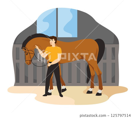 Horse care. Equestrian ride. Stableman in stable barn. Pony pet training. Equine mammal grooming. Woman with stallion. Hippodrome racehorse dressage. Domestic animal. Vector horseman work 125797514