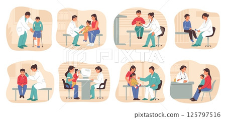 Child doctor. Kid at hospital medic clinic, baby patient visit pediatrician for check. Paediatric, physician healthcare, little patient examination in hospital. Cartoon isolated vector set Child doctor. Kid at hospital medic clinic, baby patient visit pediatrician for check. Paediatric, physician healthcare, little patient examination in hospital. Cartoon isolated vector set 125797516