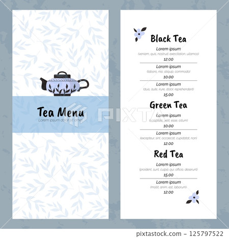 Tea menu template. Cover and page with copy space for text and prices. Cozy tableware for tea drinking. Flyer design. Cafe or restaurant typography. Vector cartoon illustration Tea menu template. Cover and page with copy space for text and prices. Cozy tableware for tea drinking. Flyer design. Cafe or restaurant typography. Vector cartoon illustration 125797522
