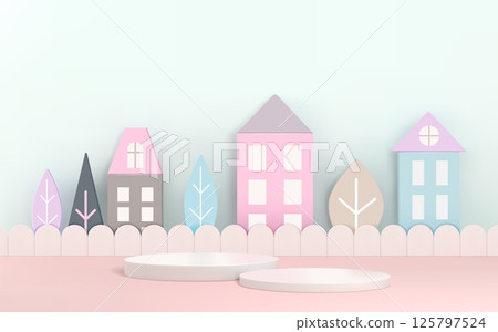Baby background. 3D product podium. Cute display or stand in pastel scene. Child platform with render house building and trees. Presentation circle stage. Vector design nursery pedestal Baby background. 3D product podium. Cute display or stand in pastel scene. Child platform with render house building and trees. Presentation circle stage. Vector design nursery pedestal 125797524