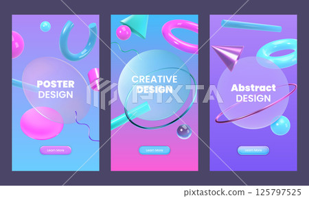 3d glass shapes. Geometric ball object, memphis metal ring on fashion graphic poster. Fun ui spheres. Minimal cover or flyer design. Vector background, isolated glossy render elements 125797525