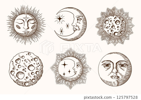 Moon and sun face. Vintage antique drawing, graphic celestial sky or esoteric crescent engraving. Retro etching. Boho style decorative mystery isolated space elements. Vector illustration Moon and sun face. Vintage antique drawing, graphic celestial sky or esoteric crescent engraving. Retro etching. Boho style decorative mystery isolated space elements. Vector illustration 125797528