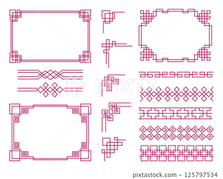 Chinese border. Asian frame, ornament corner or vintage modern element, traditional geometric collection. Square geometry pattern creative dividers. Vector border isolated decorative elements Chinese border. Asian frame, ornament corner or vintage modern element, traditional geometric collection. Square geometry pattern creative dividers. Vector border isolated decorative elements 125797534
