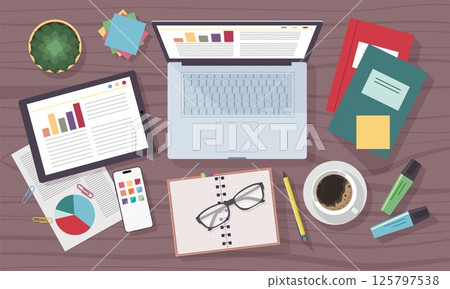 Work table top view. Teenager education desktop. Pen and paper for business technology. Office laptop. Computer keyboard. Notebook and stationery. Businessman workplace. Vector flat design Work table top view. Teenager education desktop. Pen and paper for business technology. Office laptop. Computer keyboard. Notebook and stationery. Businessman workplace. Vector flat design 125797538