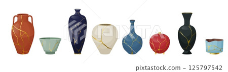 Japanese vase. Broken ceramic vessel, japan pottery with different gold lacquer. Kintsukuroi dish technique. Clay and porcelain interior pottery. Traditional asian ornament. Vector set 125797542