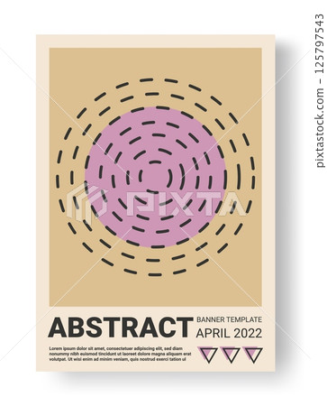 Abstract poster. Graphic flat shapes. Dotted line concentric circles. Geometric color rounds. Modern concert invitation. Event promotion card. Vector contemporary banner design template 125797543