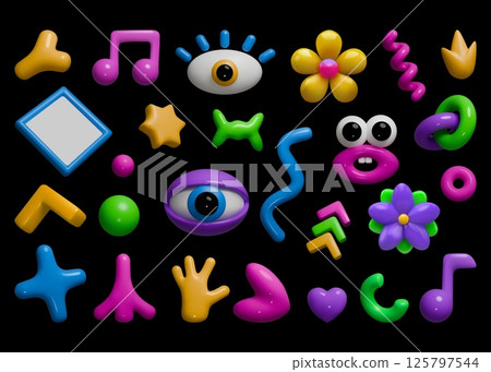 Y2K elements. Flower music 3D shapes. Fun abstract graphic with glossy plastic figures. Render spiral. Inflated 90s doodles. Childish minimal blob. Primitive curves. Vector soft forms set 125797544