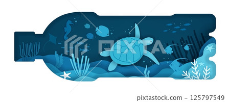 Ocean world. Paper sea water. 3D papercut layers. Whale and turtle. Plastic bottle for environment conservation. Clean nature. Swimming fish and stingray. Marine seabed. Vector background 125797549