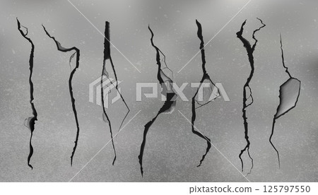 Wall crack. Broken stone texture. Earthquake scratch. Shattered concrete fissure. Cement or asphalt background. 3D land destruction split. Grungy cleft. Vector broken surface effects set 125797550