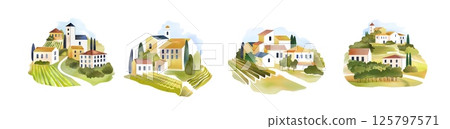 Italy landscape. Italian house in olive garden. Tuscany village. Wine farm with vintage summer tree. Romantic Europe drawing scenery. Countryside homes. Vector painting backgrounds set Italy landscape. Italian house in olive garden. Tuscany village. Wine farm with vintage summer tree. Romantic Europe drawing scenery. Countryside homes. Vector painting backgrounds set 125797571