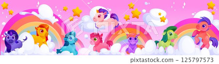 Unicorn background. Cute rainbow pony animals, pink children landscape with funny magic fairy adorable horse, baby tale. Glowing animals different colors on clouds. Vector wallpaper 125797573