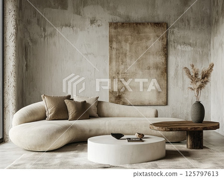 Modern boho living room with curved beige sofa and natural textures 125797613