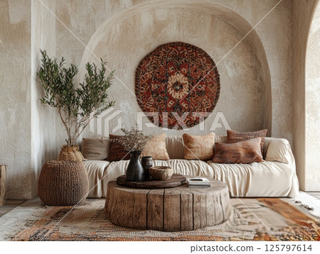 Boho living room with rustic wood furniture and earthy tones 125797614