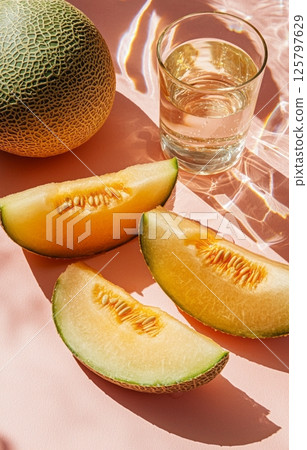 Melon slices on pink background with glass of water 125797629