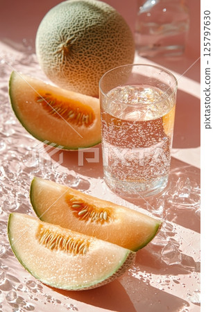 Melon slices on pink background with glass of water 125797630