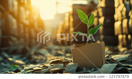 Green seedling with growing in paper box at city garbage dump. Recycling concept 125797879