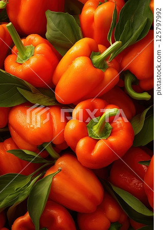 Fresh Juicy Bell Peppers Arranged Seamlessly in Vibrant Top-Down Abundance 125797992