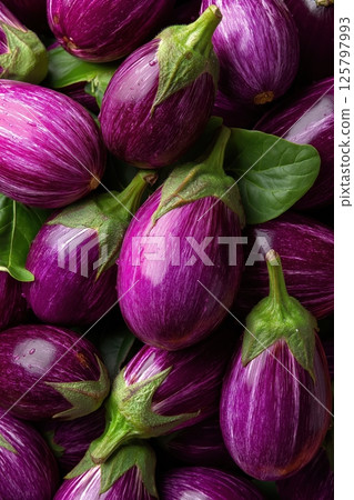 Ripe Juicy Eggplants Packed Tightly in Glossy, Saturated Top-Down Pattern 125797993