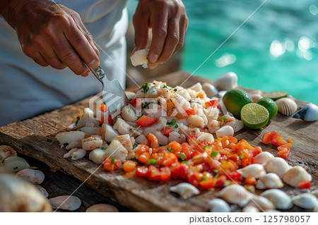 Local chef dices fresh conch near turquoise sea under gentle island breeze 125798057