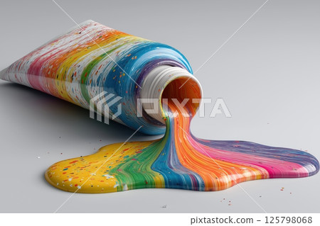 Colorful paint squeezed from simple white tube onto clean, neutral background 125798068