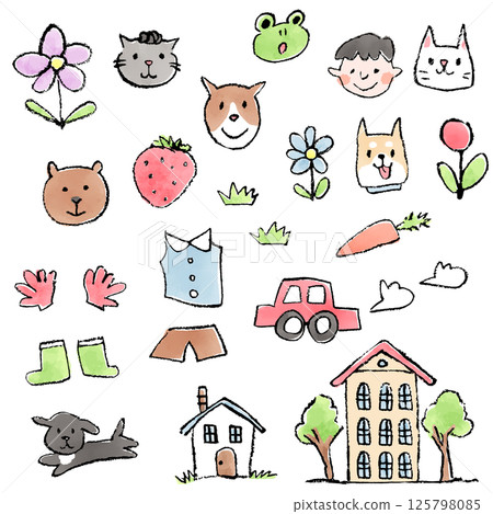 A set of hand-drawn illustrations for children featuring animals, vehicles, flowers, etc. 125798085