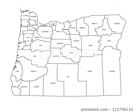 State of Oregon, subdivided into 36 counties, outline map. State in the Pacific Northwest region of the United States, nicknamed The Beaver State. Map with county names and borders. Isolated. Vector 125798110