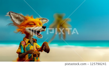 Laughing fox in tropical shirt posing against sandy beach and sea background, grin on happy face of tourist on vacation, copy space concept for humorous projects and sea vacation branding 125798241