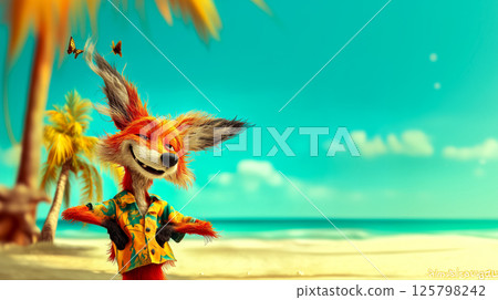 Bright beach scene with cartoon fox. and butterflies above her head, copy space for summer seaside vacation and resort adventure advertising concept, fox image for cartoons Bright beach scene with cartoon fox. and butterflies above her head, copy space for summer seaside vacation and resort adventure advertising concept, fox image for cartoons 125798242