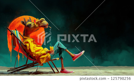 Vacation and health recovery advertising poster, camel in sunglasses and a Hawaiian shirt sits in a sun lounger with a warm bay in the background, humorous poster for advertising 125798256