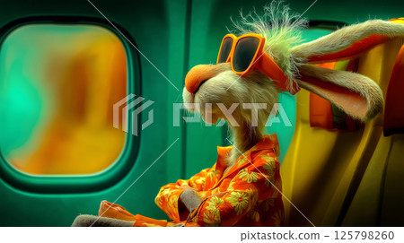 3D cartoon bunny in sunglasses and Hawaiian shirt sitting in an airplane seat, bunny flying on vacation, humorous poster for advertising charter flights and vacations at sea 3D cartoon bunny in sunglasses and Hawaiian shirt sitting in an airplane seat, bunny flying on vacation, humorous poster for advertising charter flights and vacations at sea 125798260