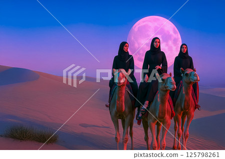 Women on camels traveling through the desert dunes in the light of a surreal pink moon, copy space about travel and pilgrimage in a surreal world Women on camels traveling through the desert dunes in the light of a surreal pink moon, copy space about travel and pilgrimage in a surreal world 125798261