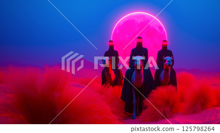 Shimmering surreal hues with neon light combine oriental themes and fairytale aesthetics, poster for camel riders traveling through a fantasy world desert under a neon moon Shimmering surreal hues with neon light combine oriental themes and fairytale aesthetics, poster for camel riders traveling through a fantasy world desert under a neon moon 125798264