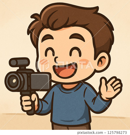Mini character illustration of a man smiling and filming a video 125798273