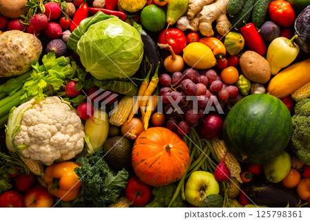 Organic seasonal vegetables from an autumn farm harvest, including fresh, ripe veggies grown naturally and handpicked for quality 125798361