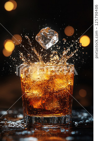 Cola drink splash. Falling Ice Cube into Cola Drink 125798486