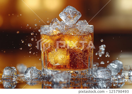 Cola drink splash. Falling Ice Cube into Cola Drink 125798493
