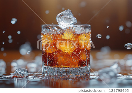 Cola drink splash. Falling Ice Cube into Cola Drink 125798495