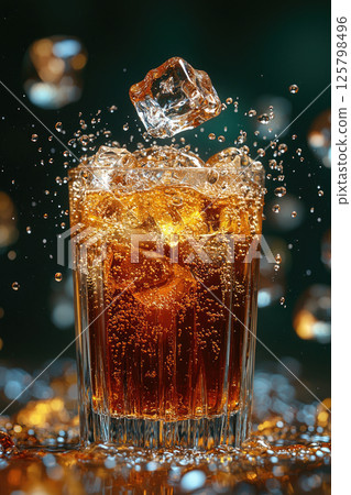 Cola drink splash. Falling Ice Cube into Cola Drink 125798496