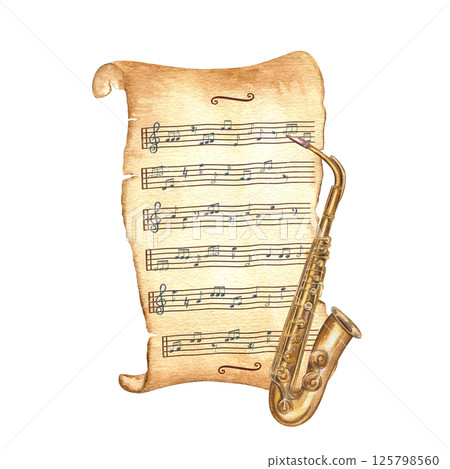Vintage saxophone and musical notes on aged yellowed paper scroll watercolor illustration isolated background. Ancient paperboard and musical instrument for jazz festival posters, retro album covers. Vintage saxophone and musical notes on aged yellowed paper scroll watercolor illustration isolated background. Ancient paperboard and musical instrument for jazz festival posters, retro album covers. 125798560