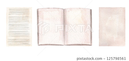 Open blank book with lined pages and loose paper sheets watercolor illustration clip art isolated background. Template for DIY planners, poetry books, mindfulness journals, and vintage themed decor Open blank book with lined pages and loose paper sheets watercolor illustration clip art isolated background. Template for DIY planners, poetry books, mindfulness journals, and vintage themed decor 125798561