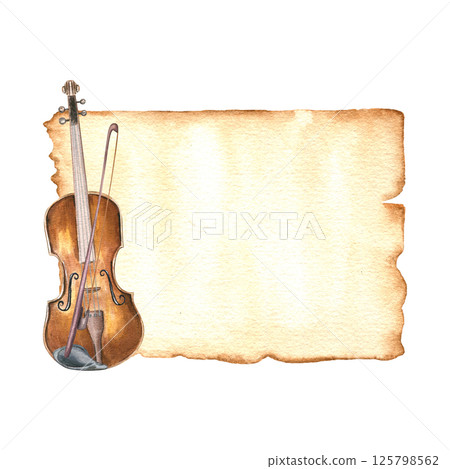 Vintage blank aged yellowed paper manuscript and violin watercolor illustration isolated background. Musical instrument and ancient paperboard with copy space for text. For festival poster, greetings Vintage blank aged yellowed paper manuscript and violin watercolor illustration isolated background. Musical instrument and ancient paperboard with copy space for text. For festival poster, greetings 125798562
