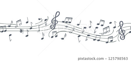 Black musical notes on staff watercolor seamless banner isolated background. Flying sound symbols on waving stave illustration for music branding, concert poster, album cover, jazz festival branding 125798563