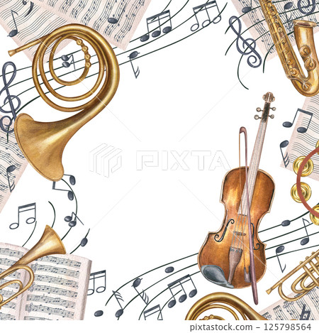 Watercolor music instruments, note sheets, and musical notes on waving staff square frame isolated on white background. French horn, violin, trumpet illustration for music branding, concert poster. Watercolor music instruments, note sheets, and musical notes on waving staff square frame isolated on white background. French horn, violin, trumpet illustration for music branding, concert poster. 125798564