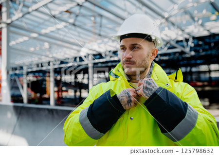 Construction workers at work on modern building site. 125798632