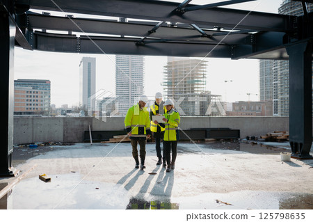 Team of engineers and construction workers inspecting building progress. 125798635