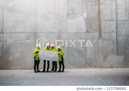 Team of engineers and construction workers reviewing blueprints, building site. 125798680